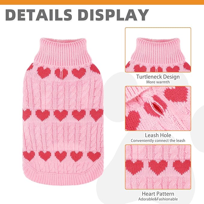 KOOLTAIL Cable Knit Dog Sweater Turtleneck, Cold Weather Pullover Classic Knitwear, Snowflake Pattern Thick Warm Winter Pet Clothes,Dog Christmas Sweater for Small Medium Large Dogs,Pink Heart M