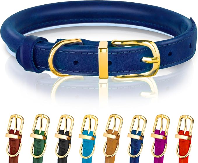 OOPSDOGGY Reflective Rolled Leather Dog Collar Adjustable Soft Padded Pet Collar for Small Medium Large Breed Dogs (Blue, M, 12"-15")
