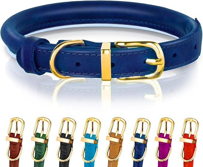 OOPSDOGGY Reflective Rolled Leather Dog Collar Adjustable Soft Padded Pet Collar for Small Medium Large Breed Dogs (Blue, XXS, 7"-9")