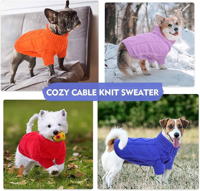 Queenmore Small Dog Pullover Sweater, Cold Weather Cable Knitwear, Classic Turtleneck Thick Warm Clothes for Chihuahua, Bulldog, Dachshund, Pug (Orange, Medium)
