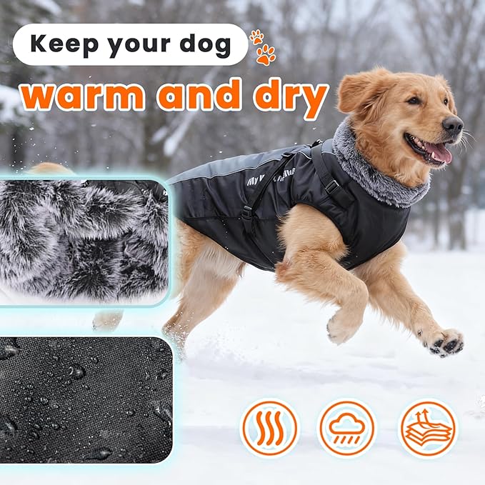 Dog Coat for Medium Large Dogs,Waterproof Reflective Dog Winter Jacket with Harness, Fleece Snowsuit,Warm Pet Winter Coat(grey-4XL)