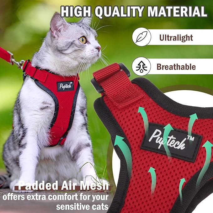 PUPTECK Cat Harness and Leash Set Escape Proof for Walking, Breathable Mash Vest Adjustable Harness for Cats Puppy Small Animals, Reflective at Night, Red Medium
