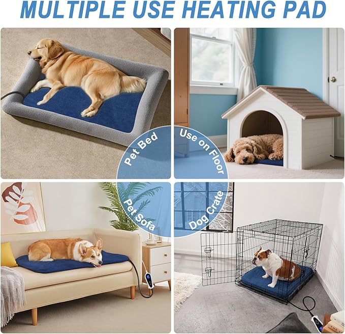 Bestio Heated Dog Bed 34x21in New Smart Thermostatic Switch with Constant-On Functionality UL & MET Dual Certified, Puppy Bed with Steel Cable Protection Tube - Blue