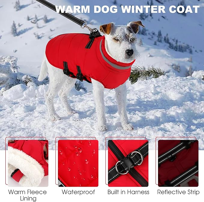 Large Dog Coat with Harness Built-in, Waterproof Reflective Fleece Lined - Warm Windproof Winter Jacket with Back Zipper, Cold Weather Snow Dog Coats - Red - 2XL