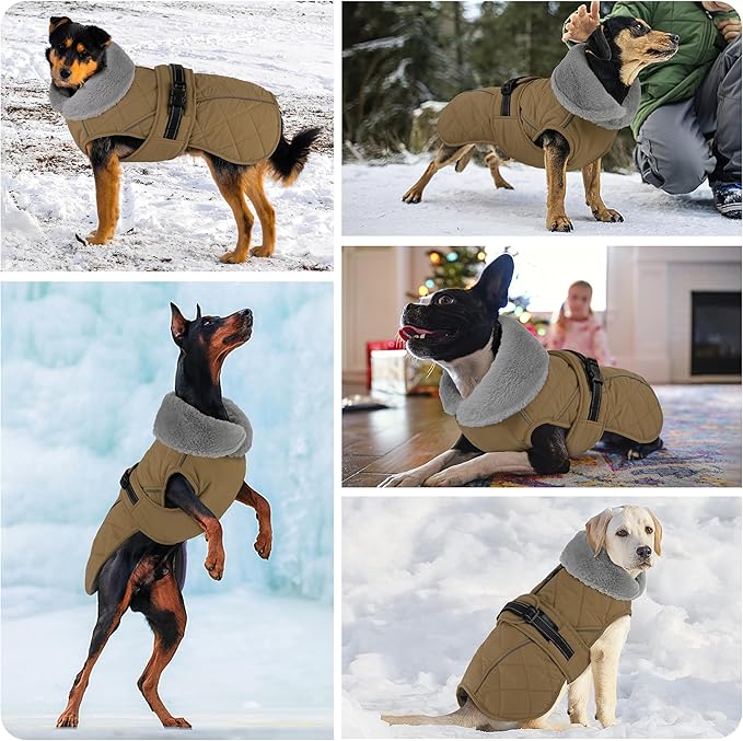 Dog Coat, Waterproof Dog Winter Jacket with Adjustable Buckle, Reflective Turtleneck Pet Snow Vest Warm Fleece Sweater for Small Medium Large Dogs - Khaki, L