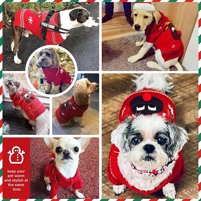 PETCARE Dog Christmas Sweater Red Ugly Funny Cute Cartoon Reindeer Cat Sweaters Jumper Holiday Dog Clothes Puppy Sweaters for Small Medium Large Dogs Fall Winter Outfits Xmas Dogs Costume,Small