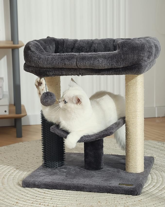 Hoopet 20-Inch Cat Tree Tower, Small Cat Scratching Post for Indoor Cats and Kittens, Sisal Cat Scratcher with Plush Bed Perch, Self Groomer and Hanging Toy Ball, Smoky Grey