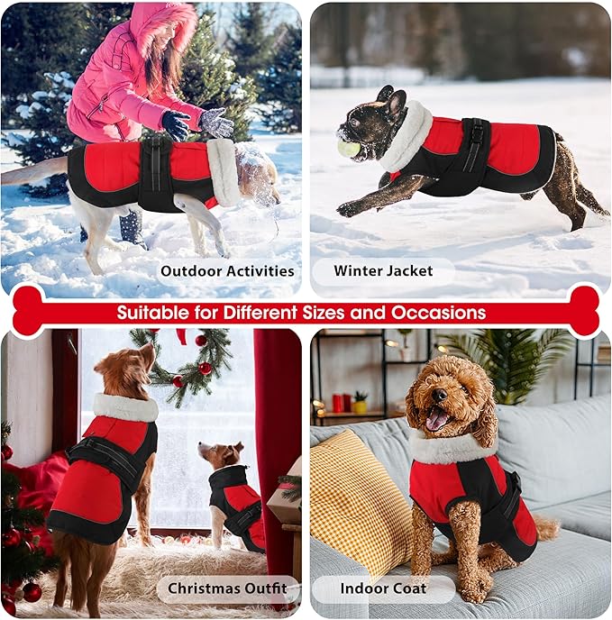Dogcheer Dog Coat, Christmas Dog Jacket, Waterproof Turtleneck Puppy Winter Coat, Adjustable Pet Puffer Jacket, Reflective Warm Fleece Coats for Small Medium Large Dogs - Red, XL