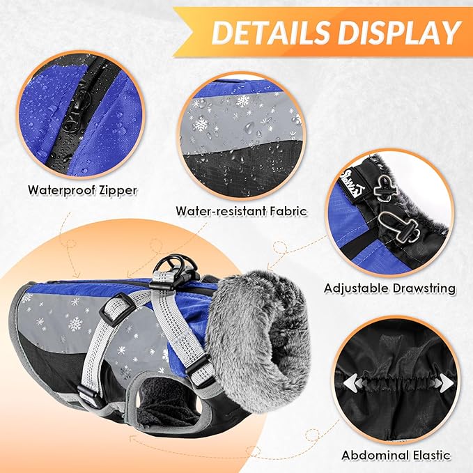 SlowTon Dog Jacket with Harness Built in - Waterproof Fleece Winter Warm Dog Coats for Small Medium Dogs, Reflective Adjustable Furry Puppy Vest Clothes for Outdoor Walking (Blue,L)