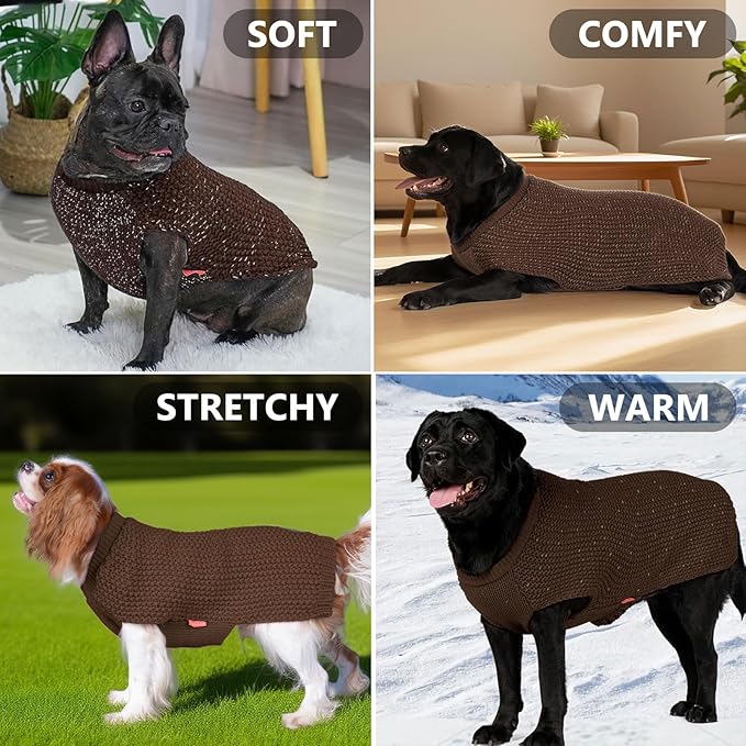 KYEESE Dog Sweater with Leash Hole Warm Pullover with Reflective Yarn for Small and Medium Dogs Male Soft Knit Pullover Boy Dog Coats Cozy Lightweight Thick Sweater,Khaki,Medium