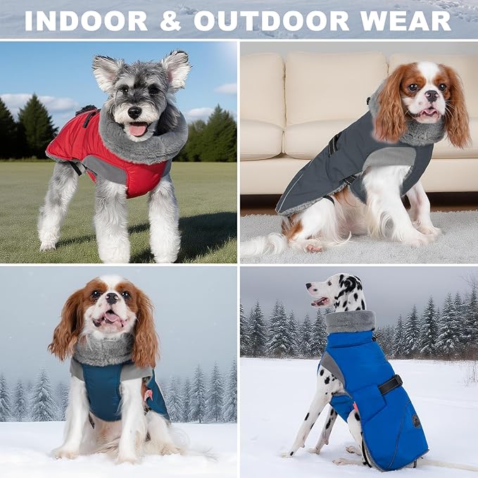 KYEESE Waterproof Dog Coat, Warm Windproof Jacket, Turtleneck Winter Dog Coats for Small Dogs with Leash Hole, Reflective Pet Clothes & Outdoor Apparel, Thick Fleece-Lined Winter Jacket, Blue, Large