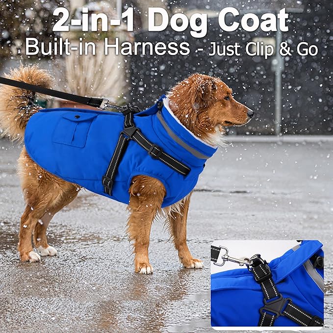 Dogcheer Dog Coat with Harness, Waterproof Warm Dog Winter Jacket with Pockets, Reflective Pet Fleece Jacket Turtleneck Snowsuit for Small Medium Large Dogs - Blue, 2XL