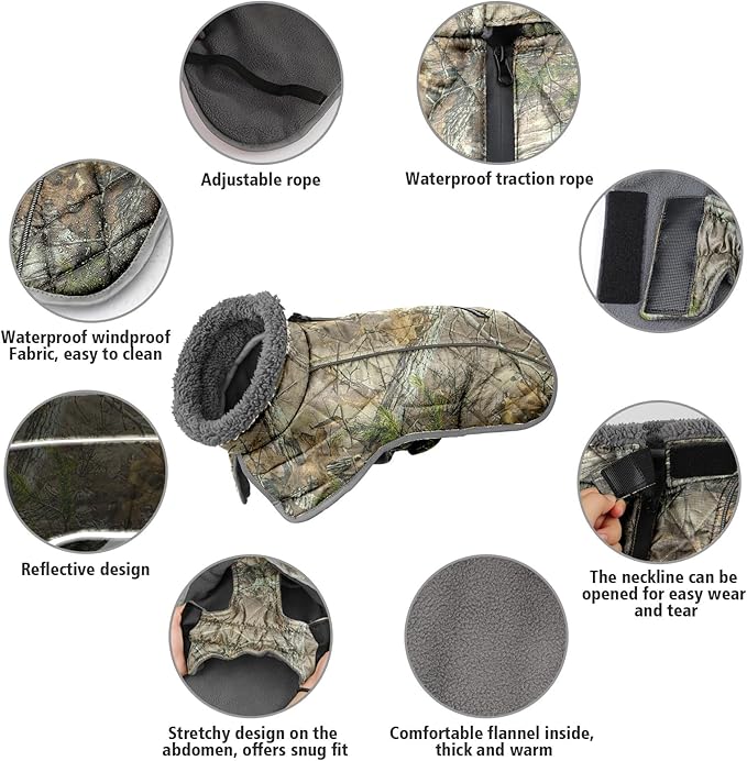 Fragralley Dog Coat Large, Waterproof Dog Jacket with Warm Fleece Lining, Adjustable Reflective Dogs Winter Coat, Turtleneck Pet Coats for Cold Weather (Reed Camouflage XXL)