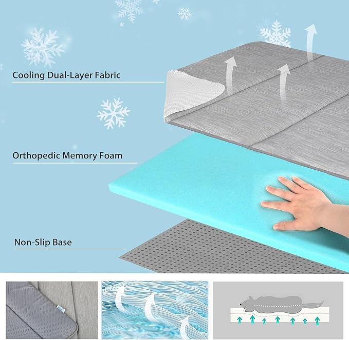 Dog Cooling Mat for Large Dogs - 35x23 Orthopedic Memory Foam Pet Pad for Summer, QMAX>0.5, Washable Premium Comfort Crate Pad for Your Furry Companion, Grey