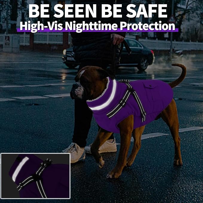 Dogcheer Dog Coat with Harness, Waterproof Warm Dog Winter Jacket with Pockets, Reflective Pet Fleece Jacket Turtleneck Snowsuit for Small Medium Large Dogs - Purple, L