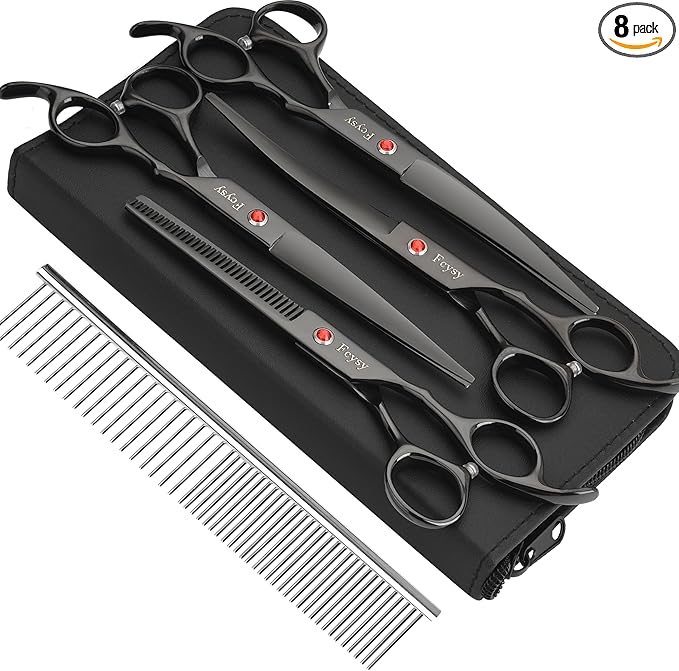 Dog Grooming Scissors Kit, Fcysy Professional Pet Hair Cutting Shears Set with Curved & Straight Blades Scissors Thinning Shears– Stainless Steel Grooming Tools for Dogs & Cats at Home