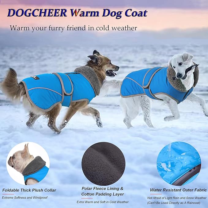 Dogcheer Dog Coat, Waterproof Dog Jacket Reflective Pet Winter Coat with Adjustable Hook & Loop, Christmas Puppy Fleece Jacket Warm Turtleneck Snowsuit for Small Medium Large Dogs - Sky Blue, M