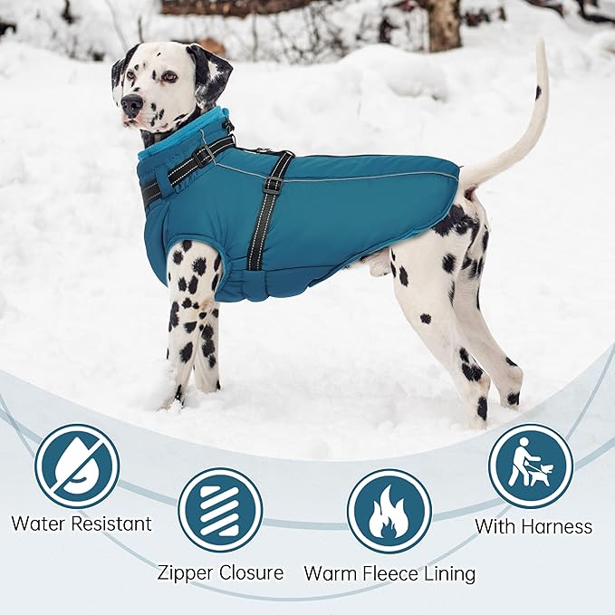 PUMYPOREITY Dog Coat with Harness Built in, Reflective Fleece Jacket, Thick and Warm Winter Coat, Medium Dog Jacket with Zip, Cold Weather Coats for Outdoor, Windproof Pet Snowsuit, Blue, M