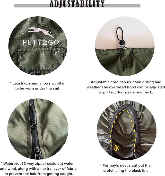 Dog Lightweight Windbreaker, Dog Outdoor 4-Legs Jacket, 0.5 lbs,Durable Water Repellent, Hooded, Easy on/Off with Collar and Harness, Reflective, Packable,Dark Olive (Large)