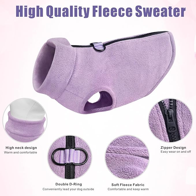 Idepet Dog Fleece Vest Sweater Zip Up Warm Pullover Dogs Jacket with D-Ring Leash Winter Cold Weater Coat Pet Sweatershirt Clothes Hoodie for Small Medium Dogs Boy Girl (Purple, XXL)