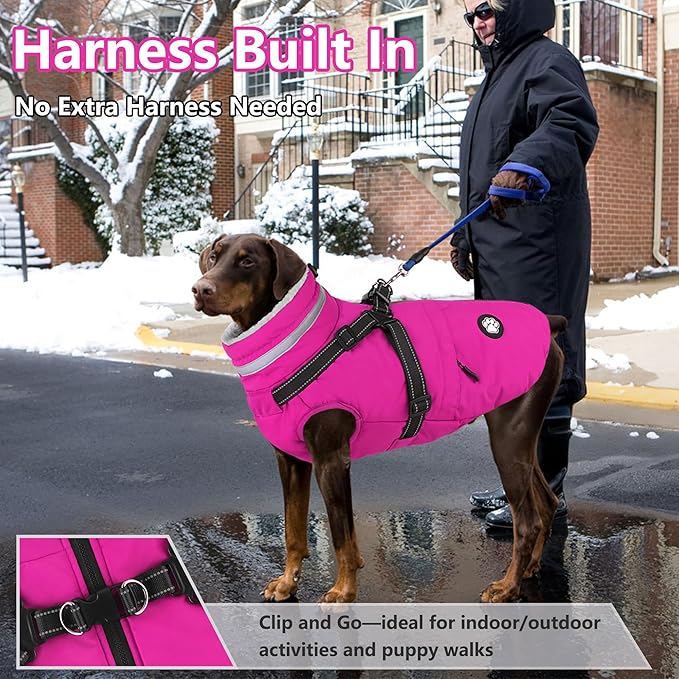 Dogcheer Dog Coat with Harness, Waterproof Dog Jacket Christmas Pet Winter Coat with Pockets, Reflective Doggy Turtleneck Fleece Jacket for Small Medium Large Dogs - Pink, 3XL