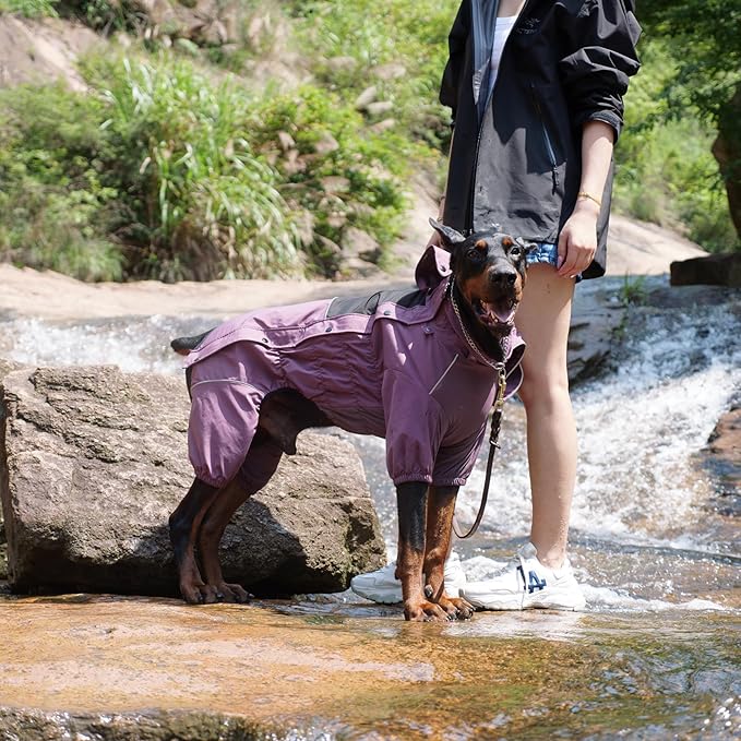 LOVELONGLONG Waterproof Dog Raincoat with Removable Hood – Outdoor Full Body Dog Jacket, Windproof Snowproof Shell Suit – All Season Pet Rain Gear Plum Purple 4XL