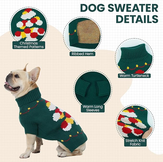BRKURLEG Dog Sweaters, Christmas Dog Sweaters, Medium Large Dogs Warm Sweater for Cold Weather, Pullover Sweater Xmas New Year, Winter Knitted Sweatshirt Outfit for Boston Terrier, Beagle (Green, L)