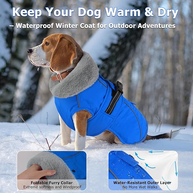 Dogcheer Dog Coat with Pocket, Waterproof Dog Jacket with Adjustable Buckle, Reflective Puppy Winter Coat Warm Turtleneck Fleece SnowJacket for Small Medium Large Dogs - Blue M