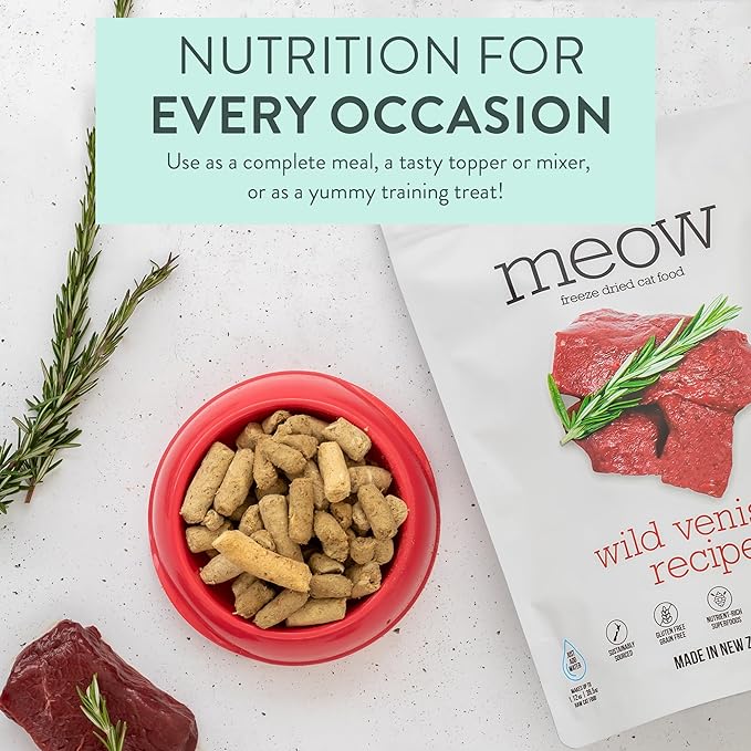 The New Zealand Natural Pet Food Co Meow Freeze Dried Cat Food - Wild Venison Recipe, High Protein Treats, Meals & Toppers, Dry Cat Food, 9.9 oz