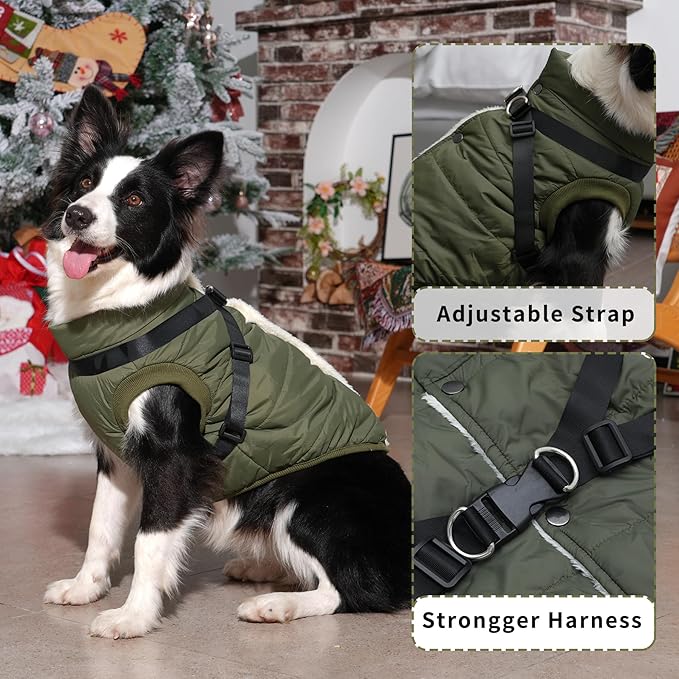 Dog Jacket with Harness,Fleece Lined Warm Puppy Coat for Winter,Soft Windproof Medium Dog Vest,Green L