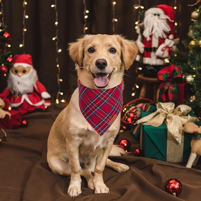 ADOGGYGO Christmas Dog Bandana 2 Pack, Stylish Plaid Pet Scarf, Premium Cotton Fabric, Multiple Sizes Offered, Christmas Bandanas for Large X-Large Dogs Pets (X-Large)