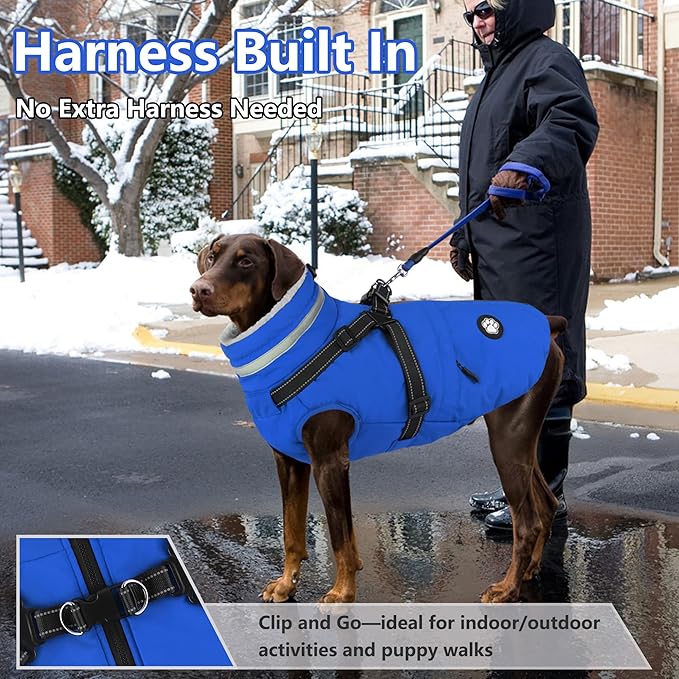 Dogcheer Dog Coat, Waterproof Dog Winter Jacket with Harness, Reflective Adjustable Doggy Cold Weather Coats, Christmas Pet Fleece Snowsuit for Small Medium Large Dogs - Blue, 2XL