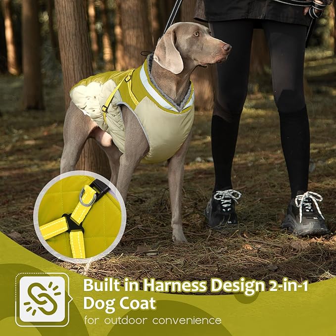 Dog Winter Coat with Harness, Dog Jacket, Pet Clothes with Zipper on Back, Waterproof Windproof Warm Vest, Reflective Cold Weather Coats, for Small Medium Large Dogs, Thick, Green, M