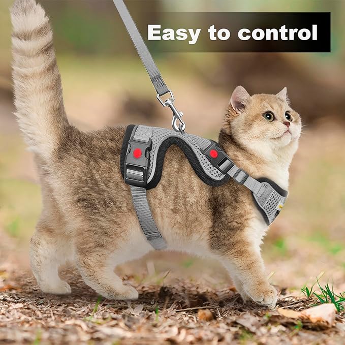 Cat Harness and Leash for Walking, Retractable Cat Harnesses and Leash Set Escape Proof, Breathable Soft Kitten Small Large Harness for Travel Training and Walking, Grey, M