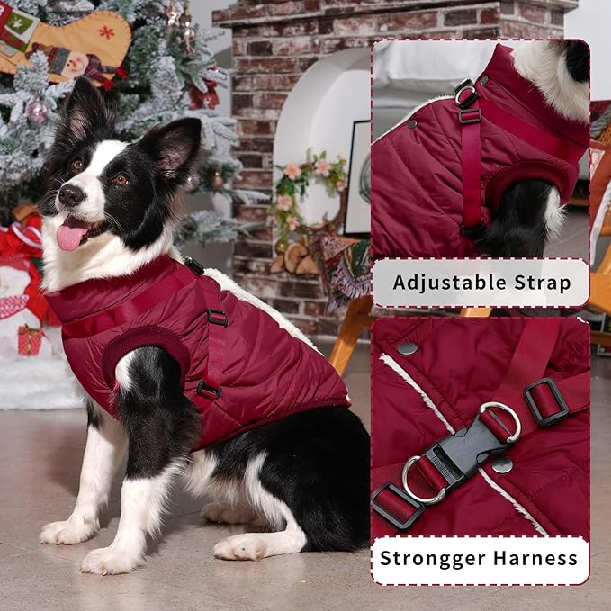 Dog Jacket with Harness,Fleece Lined Warm Puppy Coat for Winter,Soft Windproof Medium Dog Vest,Red L