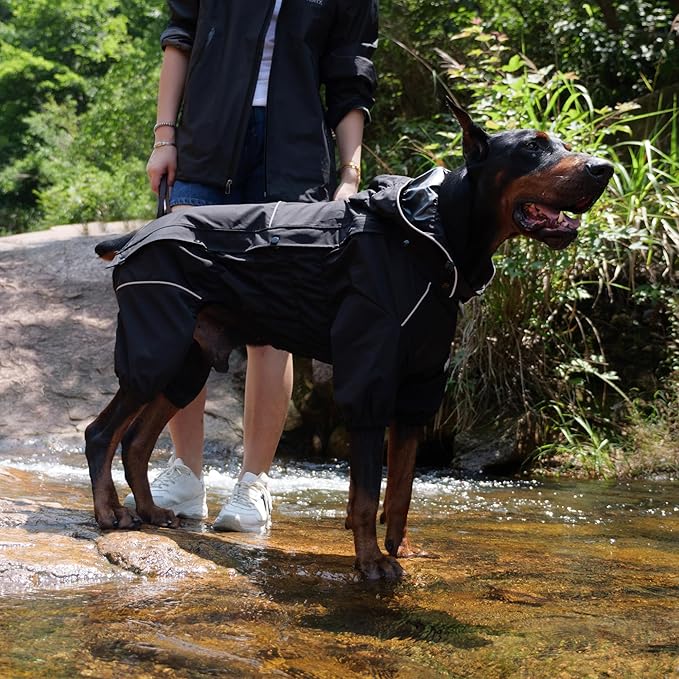 LOVELONGLONG Fleece-Lined Dog Raincoat with Removable Hood – Waterproof Winter Full Body Dog Jacket – Windproof Snowproof Cold-Weather Suit – Black-F 3XL