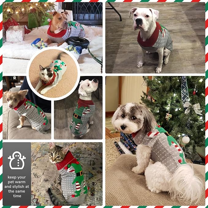 PETCARE Dog Christmas Sweater Ugly Elf Clown Cat Sweater Vest Pet Jumper Grey Green Holiday Dog Clothes Puppy Sweaters for Small Medium Large Dogs Cats Fall Winter Outfits Xmas Dogs Costume,XX-Small