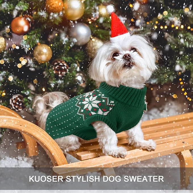 Kuoser Dog Sweater, Holiday Christmas Snowflake Pet Warm Knitwear Dog Sweaters Soft Puppy Clothing, Doggie Turtleneck Cold Weather Outfit Pullover for Small Medium Large Dogs Cats, Green S