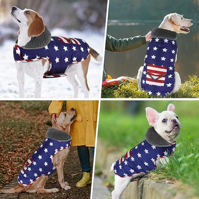 Dog Coat, Waterproof Dog Winter Jacket with Pocket, Reflective Adjustable Pet Snow Vest, Warm Cozy Fleece Sweater for Small Medium Extra Large Dogs - American Flag, XL