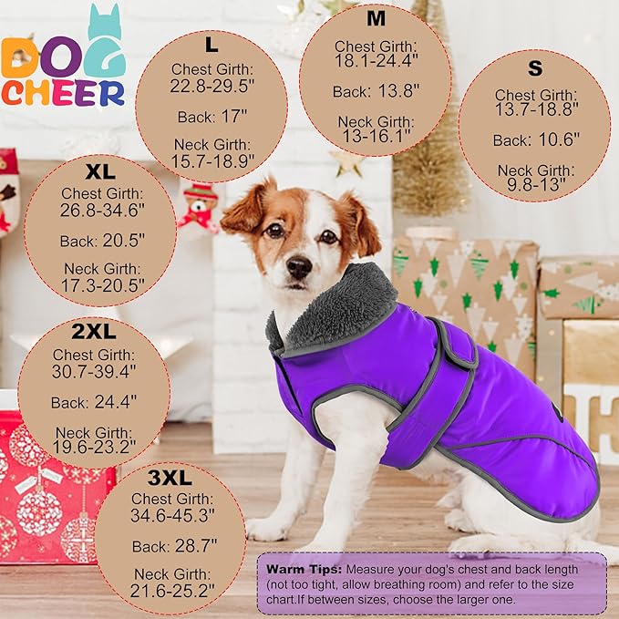 Dogcheer Dog Coat, Waterproof Dog Jacket Reflective Pet Winter Coat with Adjustable Hook & Loop, Christmas Puppy Fleece Jacket Warm Turtleneck Snowsuit for Small Medium Large Dogs - Purple, S