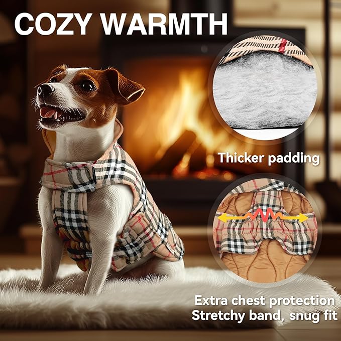 VIVAGLORY Softjoy Dog Coat, Dog Jacket for Winter & Christmas, Coat with Harness Hole & Velcro Closure, Reversible Plaid Checkered Warm Fluffy Heavy Duty for Puppy, M, Khaki