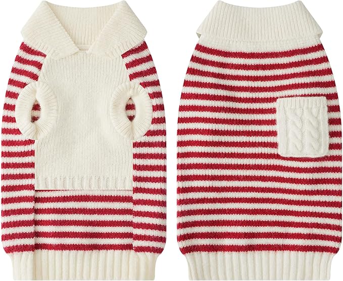 Small Dog Sweater, Knitted Striped Pullover Dog Clothes for Cold Weather, Thick Warm Cozy Stretchy Sweater for Chihuahua, Bulldog, Dachshund, Pug(Red & White Strip, XXL)