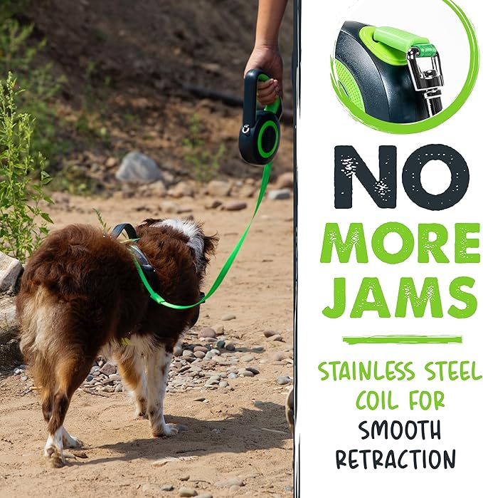 Mighty Paw Retractable Dog Leash 2.0 | 16' Heavy Duty Reflective Nylon Tape Lead for Pets up to 0-50 lbs. Tangle Free Design W/One Touch Quick-Lock Braking System & Anti-Slip Handle (Green/Lite)