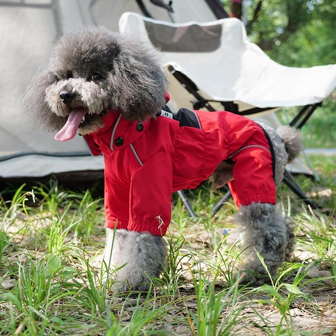 LOVELONGLONG Fleece-Lined Dog Raincoat with Removable Hood – Waterproof Winter Full Body Dog Jacket – Windproof Snowproof Cold-Weather Suit – Red-F XS