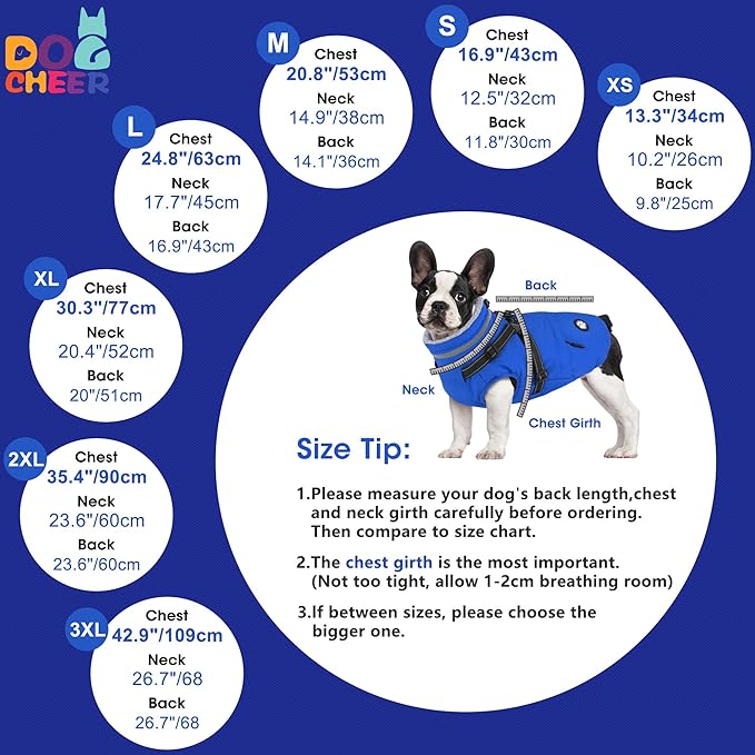Dogcheer Dog Coat, Waterproof Dog Winter Jacket with Harness, Reflective Adjustable Doggy Cold Weather Coats, Christmas Pet Fleece Snowsuit for Small Medium Large Dogs - Blue, 3XL