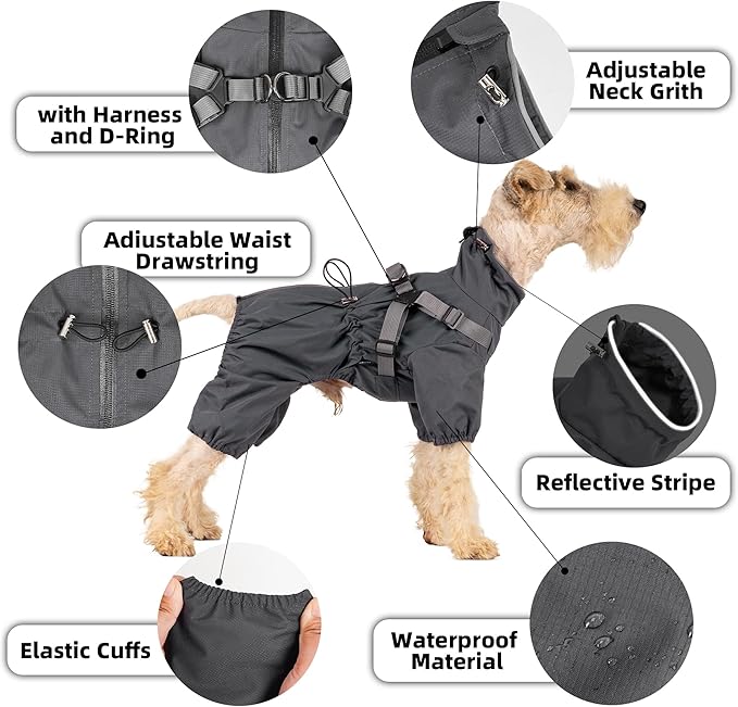 Mile High Life Waterproof Dog Raincoat, Full Coverage Small Dog Rain Coat with Harness, Adjustable 4 Legs Puppy Rain Jacket with Reflective Strip and Elastic Cuffs (Red, S Back Length 13")