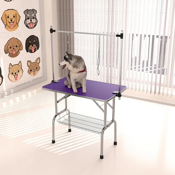 46" Dog Grooming Table Foldable Pet Grooming Tables with Adjustable Arm Noose Storage Mesh Tray Maximum Capacity Up to 330lbs Purple