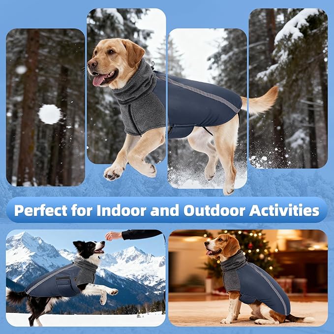 SlowTon Winter Dog Coat, Warm Polar Fleece Lining Doggie Outdoor Jacket with Turtleneck Scarf Reflective Stripe Adjustable Waterproof Windproof Puppy Vest Soft Pet Outfits (L,Dark Blue)