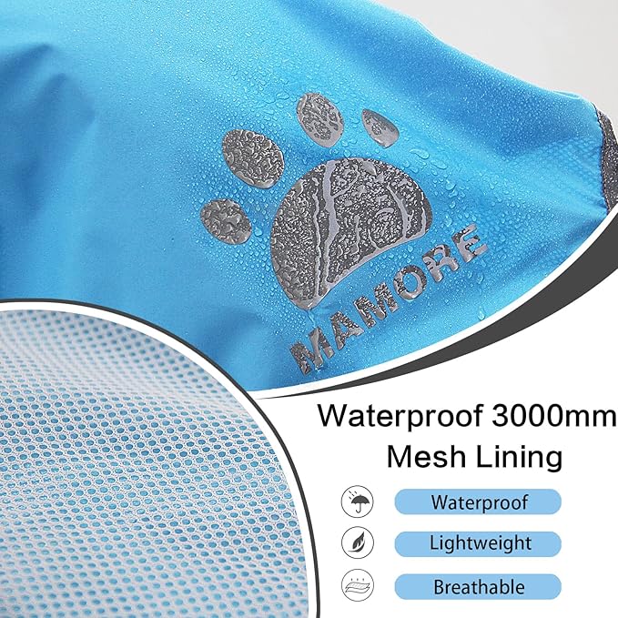Waterproof Dog Raincoat, Reflective Adjustable Hooded Dog Rain Coat, Lightweight Breathable Pet Rain Jacket Poncho Double Layer with Leash Hole for Small Medium Large Dogs (Blue, 3X-Large)