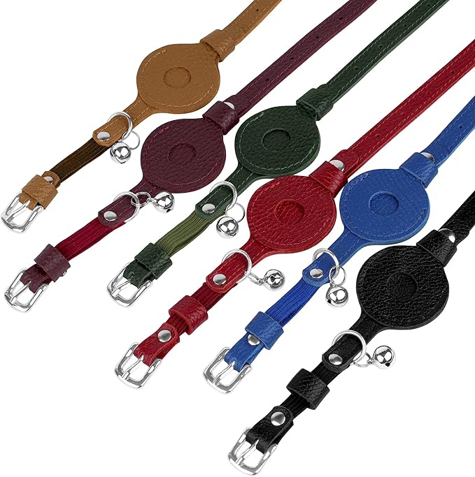 OOPSDOGGY Cat Collar for AirTag Holder, Leather Kitten Collars with Elastic Strap & Bell, Non Breakaway Adjustable Small Pet Collars for Indoor & Outdoor for Boy, Girl (Brown)